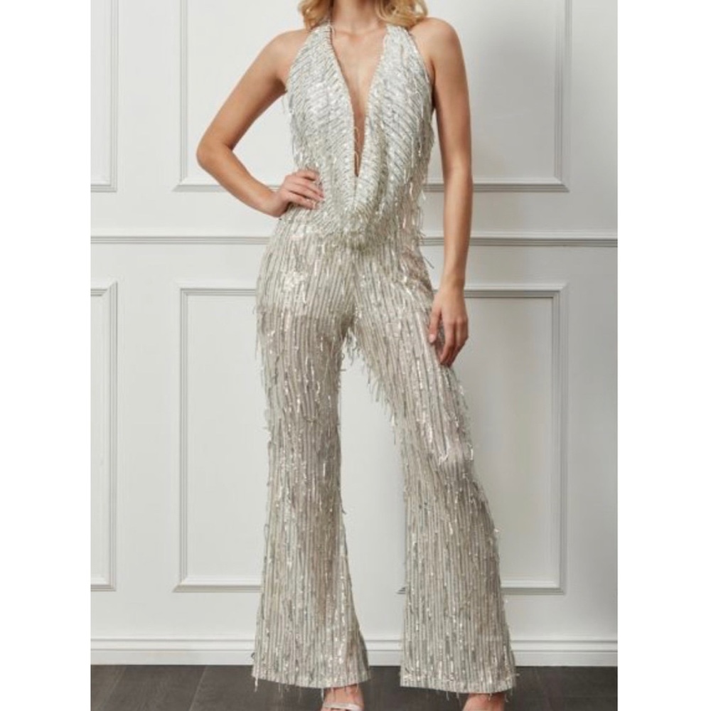 Goddiva Champagne Cowl Neck Sequin Jumpsuit